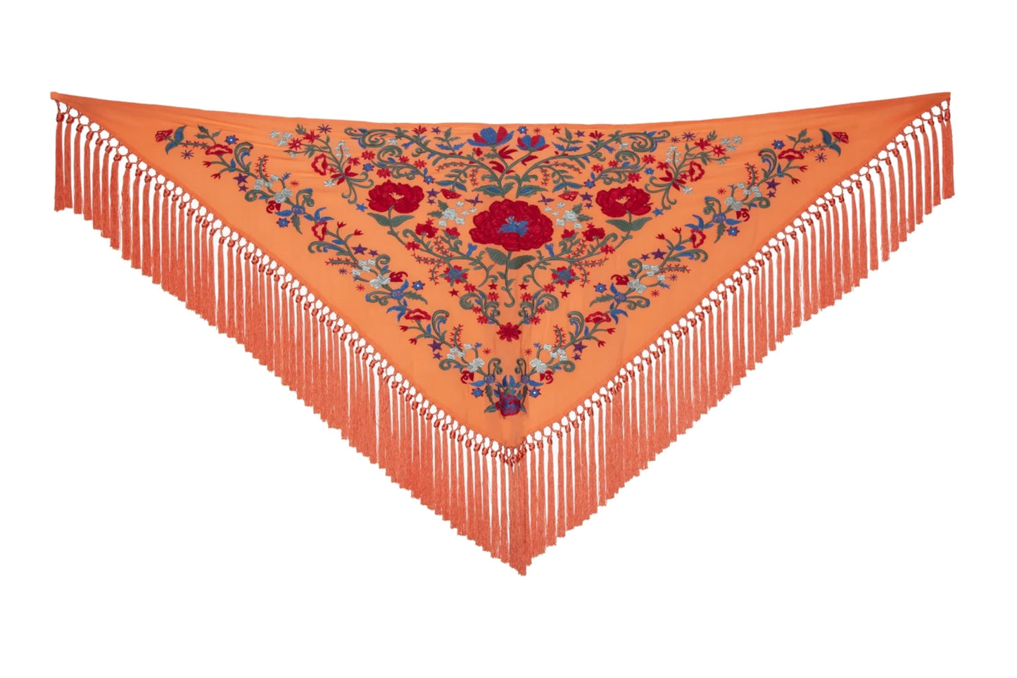 Mantoncillo de Flamenca Bordado Cantillana en Color Mandarina con Flecos, Accesorio Ideal para Moda Flamenca en Ferias y Romerías - SolFlamenca