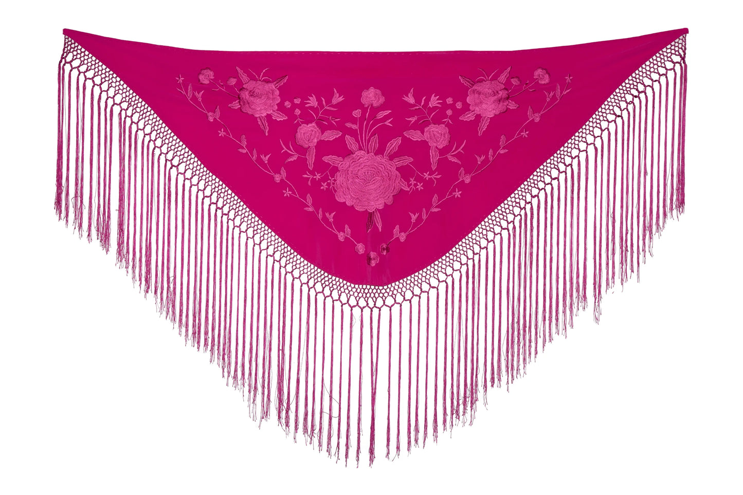 Mantoncillo de Flamenca Bordado a Tono Fucsia con Flecos Largos, Complemento Ideal para Moda Flamenca - SolFlamenca