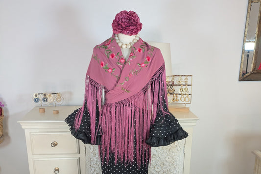 Mantoncillo Bordado Rosa Oscuro con Flecos Largos - SolFlamenca