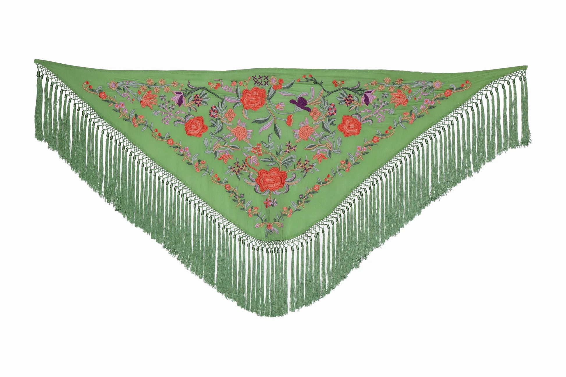 Mantoncillo Bordado Verde con Flores Coral y Fleco Corto - SolFlamenca