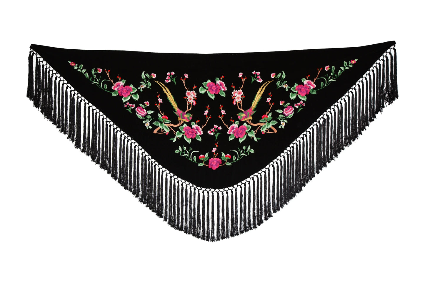 Mantoncillo de Flamenca Bordado en Negro con Fleco Corto, Accesorio para Moda Flamenca en Ferias y Romerías - SolFlamenca