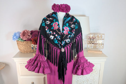 Mantoncillo de Flamenca Bordado en Negro con Pájaros y Fleco Corto, Accesorio para Moda Flamenca en Ferias y Romerías - SolFlamenca