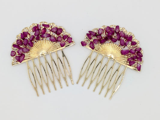 Peinecillo Flamenco Dorado en Forma de Abanico con Piedras Moradas, Accesorio para Peinados de Moda Flamenca en Ferias y Romerías - SolFlamenca
