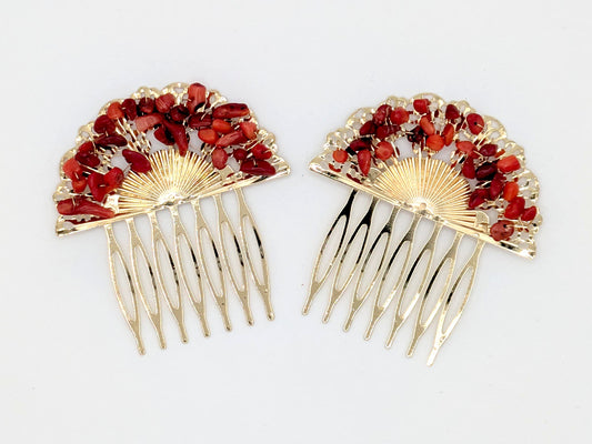 Peinecillo Flamenco Dorado en Forma de Abanico con Piedras Rojas, Accesorio para Peinados de Moda Flamenca en Ferias y Romerías - SolFlamenca