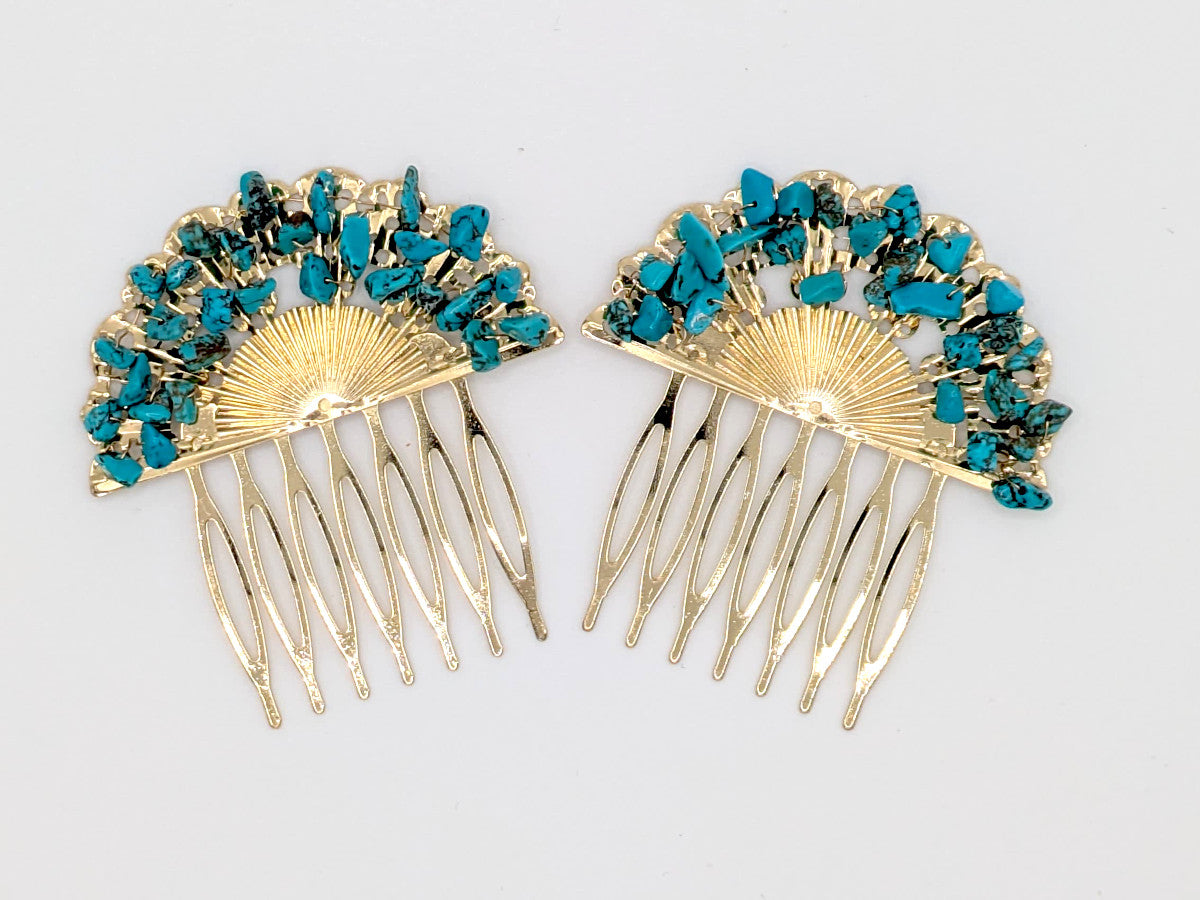 Peinecillo Flamenco Dorado en Forma de Abanico con Piedras Turquesa, Accesorio para Peinados de Moda Flamenca en Ferias y Romerías - SolFlamenca