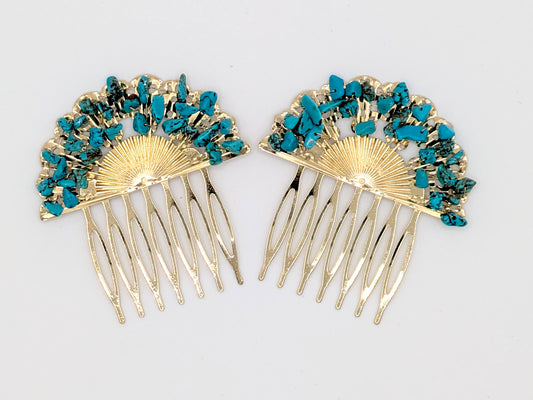 Peinecillo Flamenco Dorado en Forma de Abanico con Piedras Turquesa, Accesorio para Peinados de Moda Flamenca en Ferias y Romerías - SolFlamenca