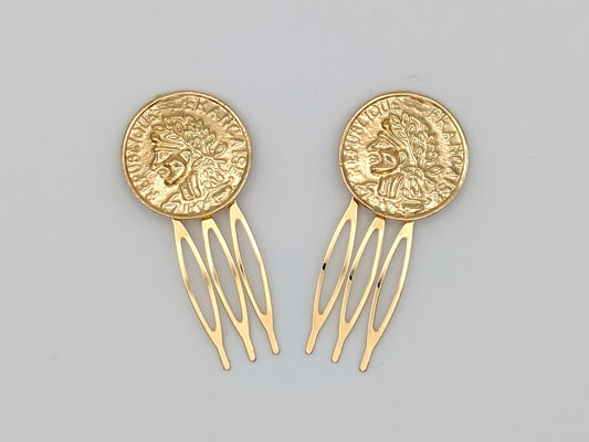 Peinecillo Flamenco Dorado con Diseño de Moneda, Accesorio para Peinados de Moda Flamenca en Ferias y Romerías - SolFlamenca